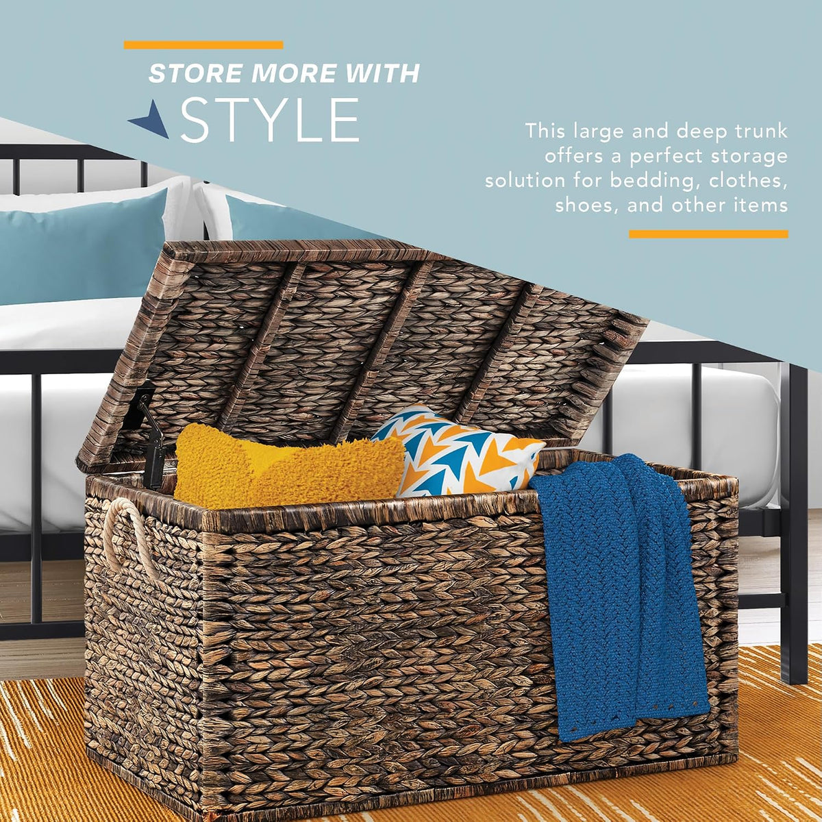 Click365 Wicker Storage Trunk with Lid, 33 Inch Extra Large Woven Storage Chest with Handles and Safety Hinges, Farmhouse Blanket Basket for Bedroom, Living Room or Entryway, Rustic Brown