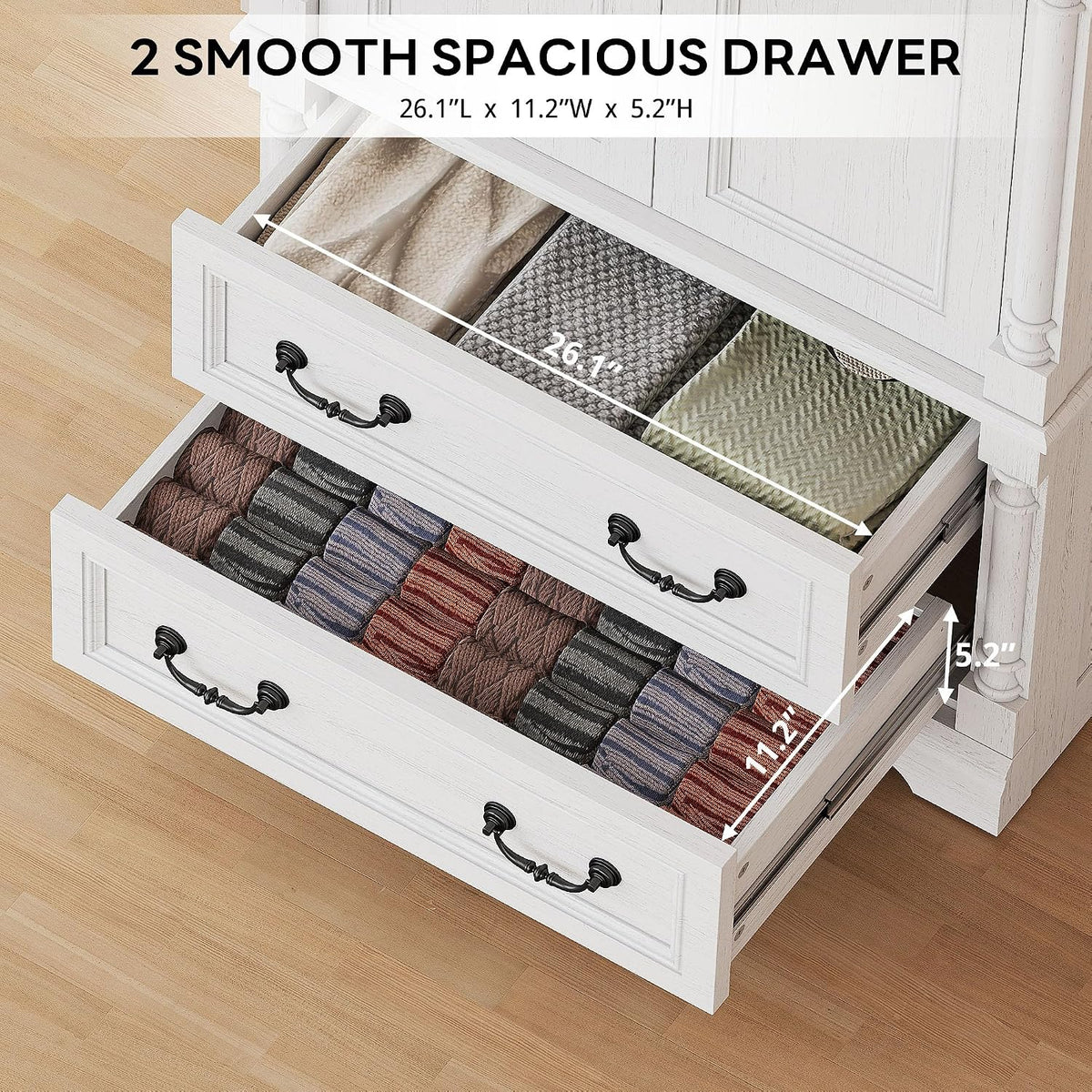 LIKIMIO Armoire Wardrobe Closet 70" with 2 Drawers for Bedroom, White | Farmhouse Wardrobe with Roman Column Doors, Hanging Rod and Side Hooks for Clothing Storage and Organization in Bedrooms
