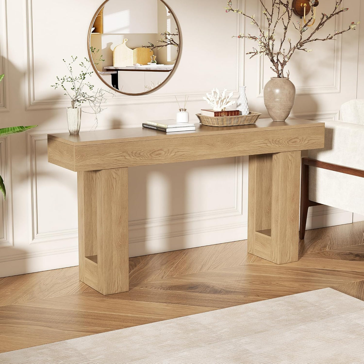 63 Inch Long Console Table for Entryway, Farmhouse Sofa Table Behind Couch, Wooden Rectangular Design Entry Table Foyer Hallway Table for Living Room (Natural)