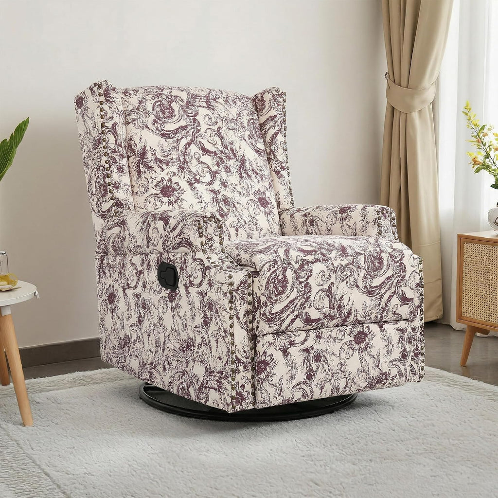 Swivel Rocker Recliner Chair, 360° Swivel Wingback Recliner Chairs for Adults, Upholstered Glider Rocking Chair with High Back, Deep Seat for Living Romm Bedroom, Rococo Plum