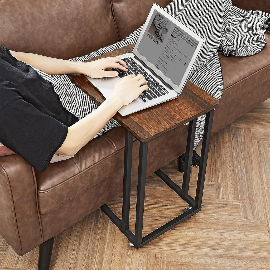 VASAGLE C Shape End Table for Couch or Sofa, Industrial Small Side Table | TV Tray With Wheel, Coffee Table in Living Room, Bedroom, 19.7 x 13.8 x 23.6 Inches, Dark Walnut and Black ULNT50Z