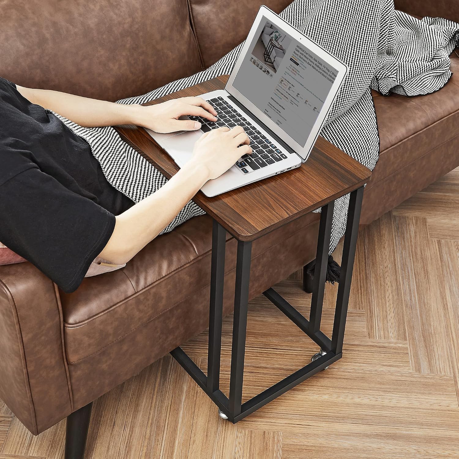 VASAGLE C Shape End Table for Couch or Sofa, Industrial Small Side Table | TV Tray With Wheel, Coffee Table in Living Room, Bedroom, 19.7 x 13.8 x 23.6 Inches, Dark Walnut and Black ULNT50Z