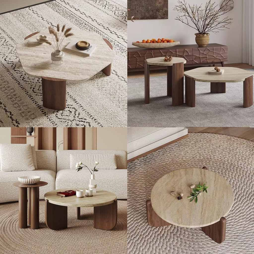 FORRTY Coffee Table,Sofa Table,End Tables, Slate Stone+Solid Wood, Sturdy And Durable,Waterproof And Scratch-resistant,Easy To Install,Suitable For Living Room,Bedroom, Study，balcony Other Spaces(Roun
