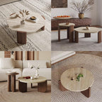 FORRTY Coffee Table,Sofa Table,End Tables, Slate Stone+Solid Wood, Sturdy And Durable,Waterproof And Scratch-resistant,Easy To Install,Suitable For Living Room,Bedroom, Study，balcony Other Spaces(Roun