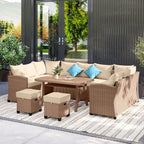 6-Piece PE Rattan Patio Set: 3 Sofas, 2 Ottomans, Coffee Table, Khaki Cushions & Blue Pillows, Steel FFor rame, All-Weather