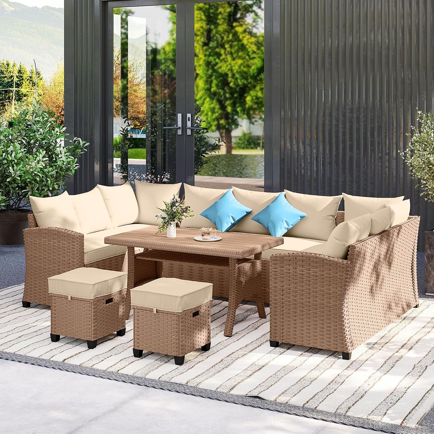 6-Piece PE Rattan Patio Set: 3 Sofas, 2 Ottomans, Coffee Table, Khaki Cushions & Blue Pillows, Steel FFor rame, All-Weather