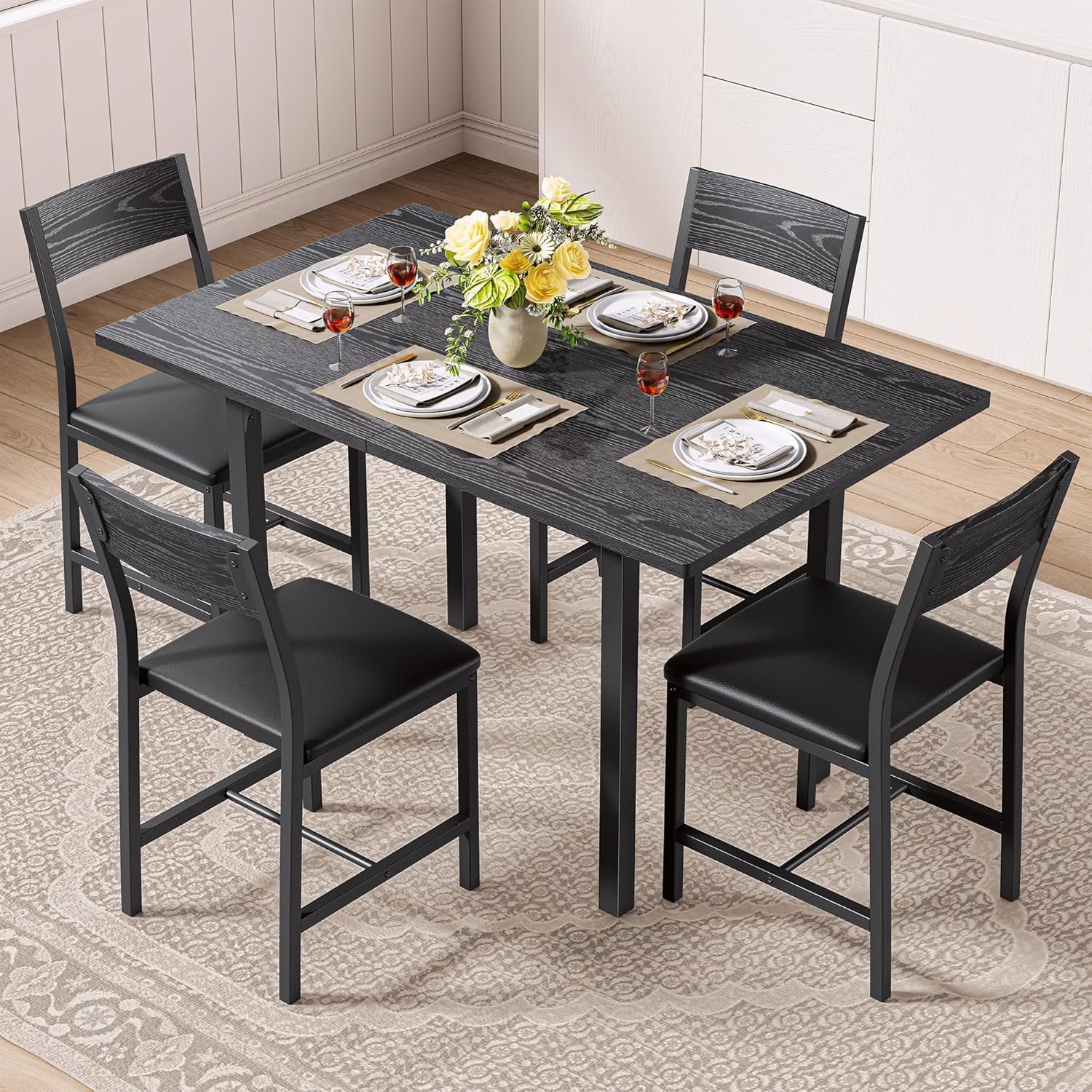 IRONCK Dining Table Set for 4, Extendable Kitchen Table Chairs Set of 4 | Dining Room Table with 4 Upholstered Chairs, Folding for Small Space, Apartment, Black