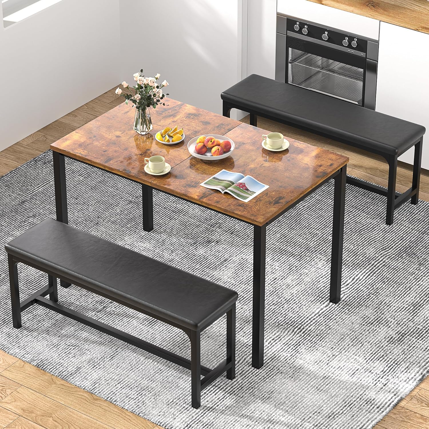 VECELO 3-Piece 63" Extendable Kitchen Table with Benches/Chairs, Modern Breakfast Dinette/Dining Room Set for 4/6/2, Small Space Saving Design, Easy Assembly