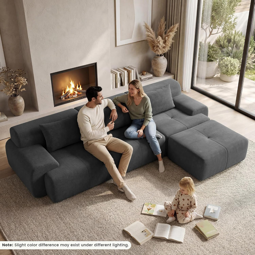 GRUSIGN 118'' Modular Sofa,Sectional Couch for Living Room | Tufted Oversized L Shape Deep Seat Couch with Ottoman & 3 Throw Pillows,Corduroy Cloud Couch,Dark Grey