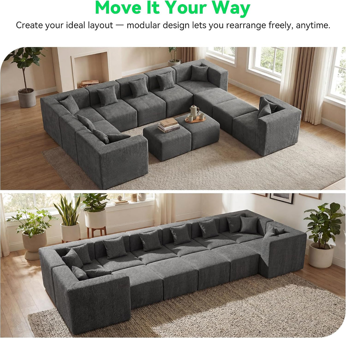 MONVANE Oversized Sectional Couch 12-Seat, Chenille, Gray | Sectional Couch for Living Room, Modular Cloud Sofa with Ottoman & 12 Throw Pillows, No Assembly Required