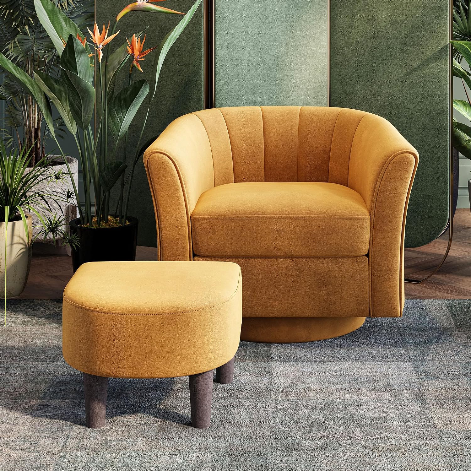 LINSY Large Swivel Accent Chair with Ottoman, Velvet Barrel Chair with Footrest, Modern Upholstered Comfy Reading Chair Armchair for Living Room, Bedroom, Study Room, Office, Yellow