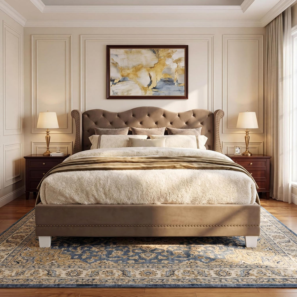 Merax Brown King Size Velvet Upholstered Bed Frame with Thick Tufted Wingback Headboard, Retro Classic Style Platform Bed with Sturdy Wood Slatted Support and Legs, No Box Spring Needed, Bear 700lbs