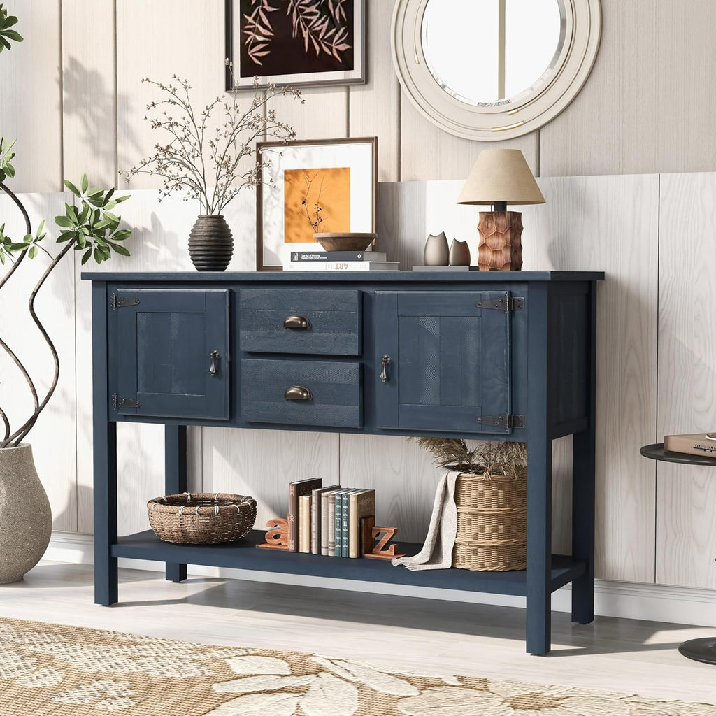 LKTART Farmhouse Sideboard Buffet Cabinet,Solid Wood Sideboard with Storage Drawers and Bottom Shelf, Buffet Cabinet Coffee Bar for Entryway Hallway Foyer,Easy Assembled (46.5" Navy Blue)