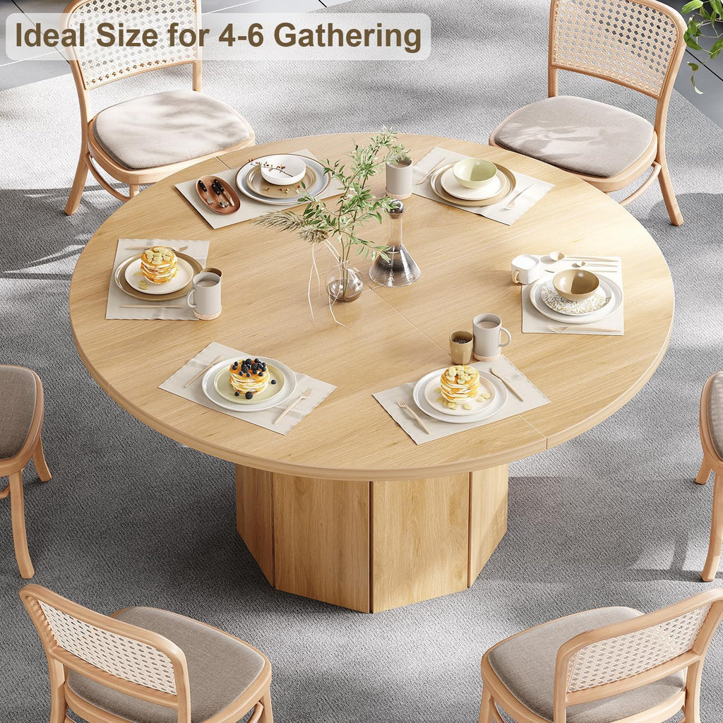 HSH 47” Round Dining Table for 4, Modern Farmhouse Wood Dinner Table with Octagon Pedestal Base, Circular Kitchen Dining Room Table for Home Apartment Living Room, Light Oak