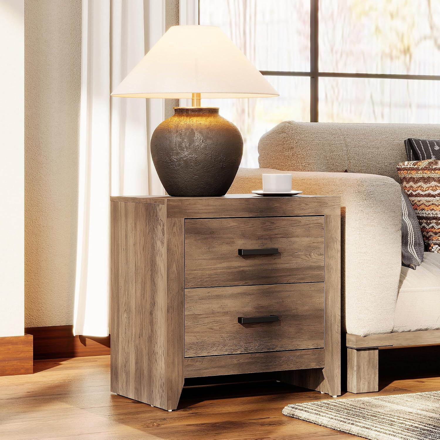 WAMPAT End Table with 2 Large Drawers, Wooden Side Table with Storage, Farmhouse Nightstand for Bedroom and Living Room, Brown
