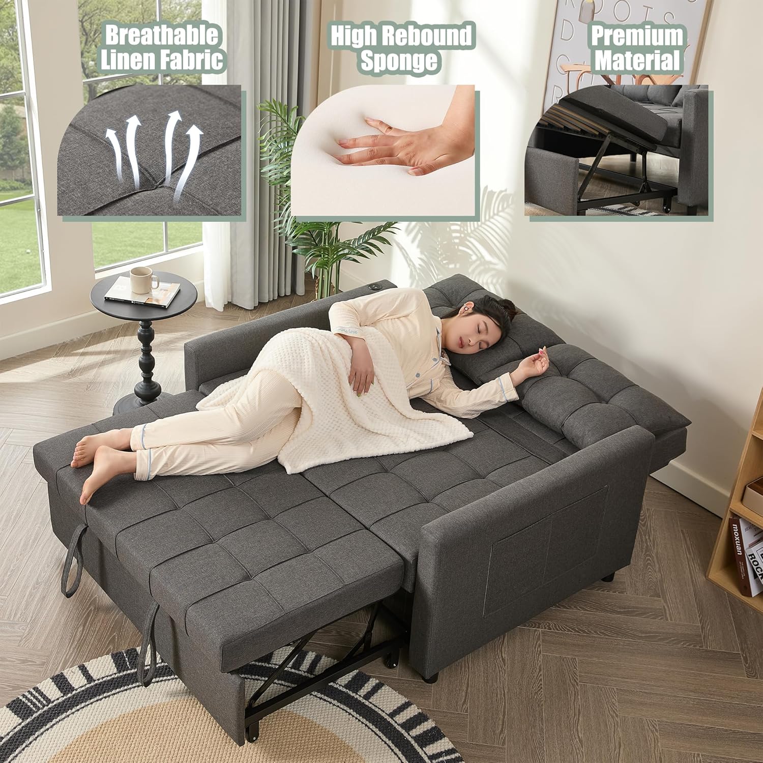 GOSUHI 52" 3-in-1 Convertible Sleeper Sofa Bed, Linen, Dark Gray | Pull-Out Bed, Stepless Adjustable Backrest, Side Pocket, Compact Loveseat, Living Room, Dorm & Apartment