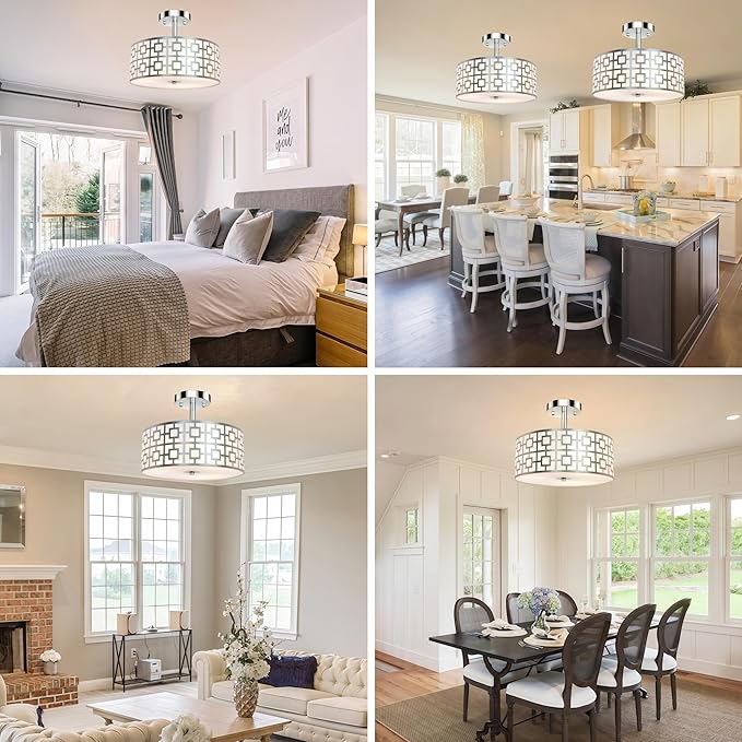 DLLT Flush Mount Ceiling Light: Modern 3-Light Brushed Nickel Kitchen Light Fixture - Drum Lighting Fixture for Dining Room - Silver Bedroom Ceiling Lamp with Double Shade