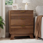 Xixini Fluted Nightstand, 24" Wide Side Table with 3 Large Storage Drawers, Mid Century Modern Wood Night Stand with Metal Handle, Wooden Bedside End Table for Bedroom, Walnut
