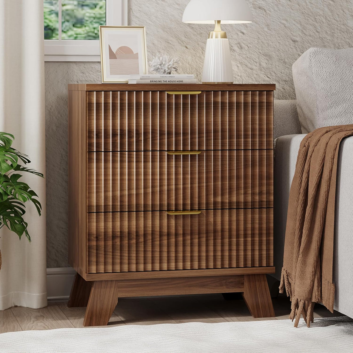 Xixini Fluted Nightstand, 24" Wide Side Table with 3 Large Storage Drawers, Mid Century Modern Wood Night Stand with Metal Handle, Wooden Bedside End Table for Bedroom, Walnut