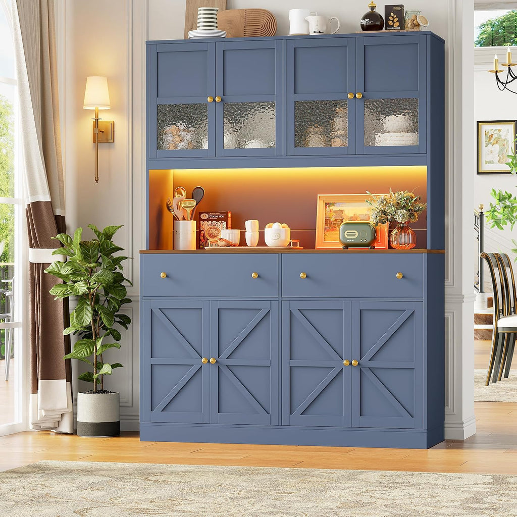 FINETONES 71" Pantry Cabinet with LED Light and Charging Station | Farmhouse Kitchen Pantry Cabinet with Microwave Stand, 47.2" Wide Kitchen Hutch Food Pantry with Open Countertop, Blue