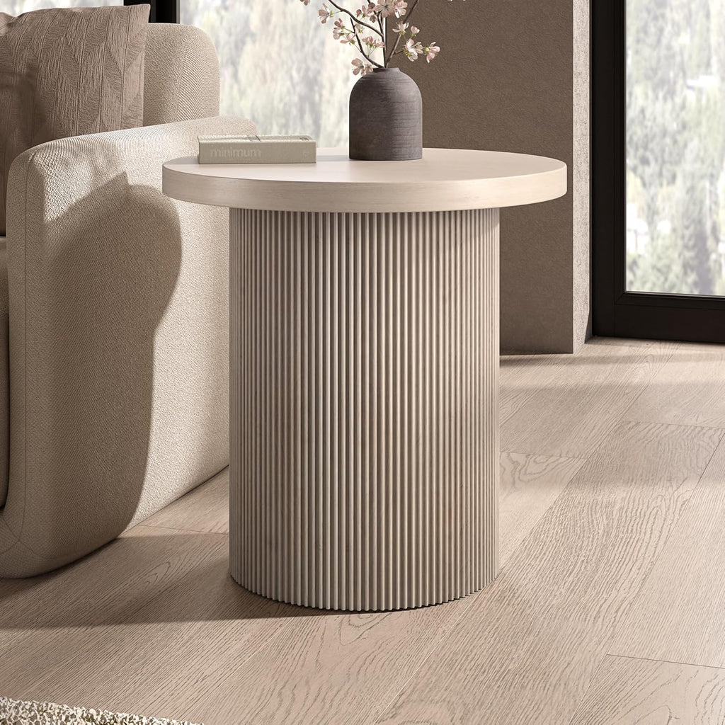 Henn&Hart 22'' Fluted Modern Wooden Round End Table, Ribbed Side Table, Nightstand for Living Room, Office, Family Room, or Bedroom, Alder White
