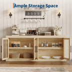 GarveeHome 70.8 in Sideboard Buffet Cabinet with Storage, Mid Century Modern Accent Cabinet with 4 Glass Doors, Wood Coffee Bar Media Console Credenza for Living Room, Kitchen, Hallway, Natural