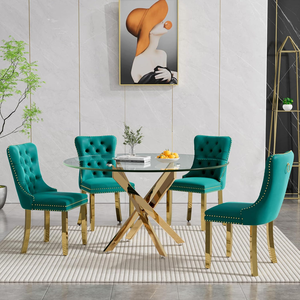 Round Glass Dining Table Set for 4, Small Kitchen Table Set for 4, 47" Circle Glass Dinner Table and Green Velvet Chairs Set of 4,5 Piece Round Dining Room Table Set for Dinette Breakfast Cafe Party