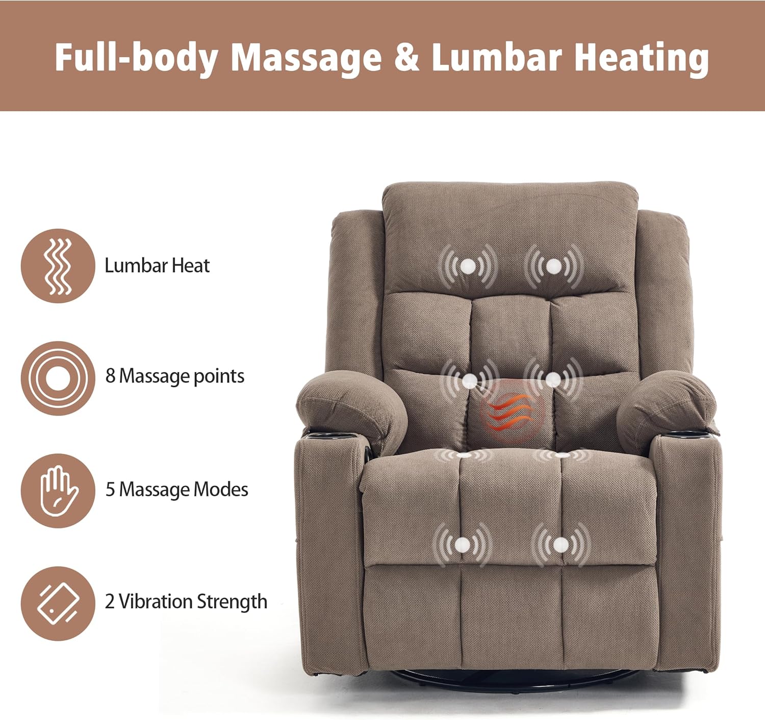 Ketaiyou Rocker Swivel Recliner Chair for Adults, Overstuffed Manual Recliner Glider with Massage and Heat, Comfy Soft Fabric Living Room Reclining Sofa Chair (Coffee2)