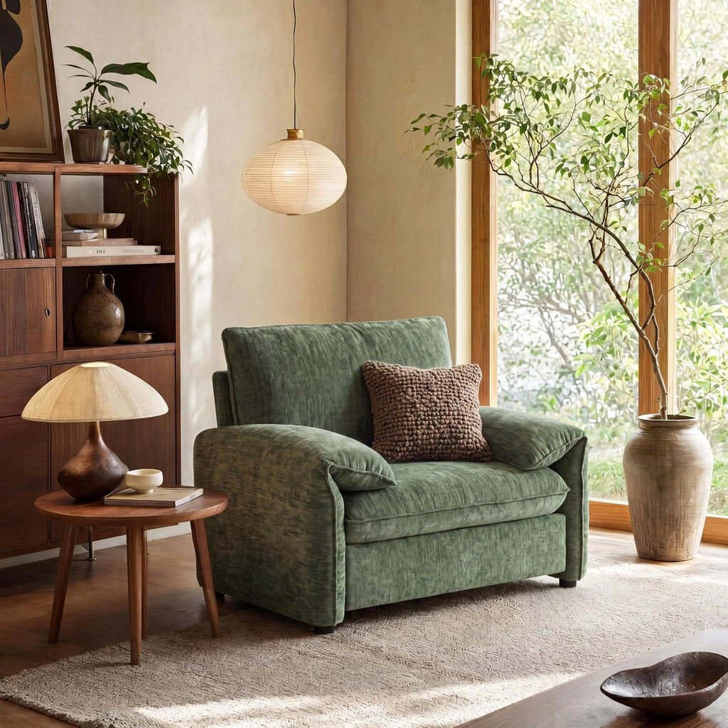 Oversized Accent Chair for Living Room, Wide Chenille Reading Chair | Comfy Padded Arms Deep Seat Springs Cushion Single Sofa Chair for Bedroom Apartment Green