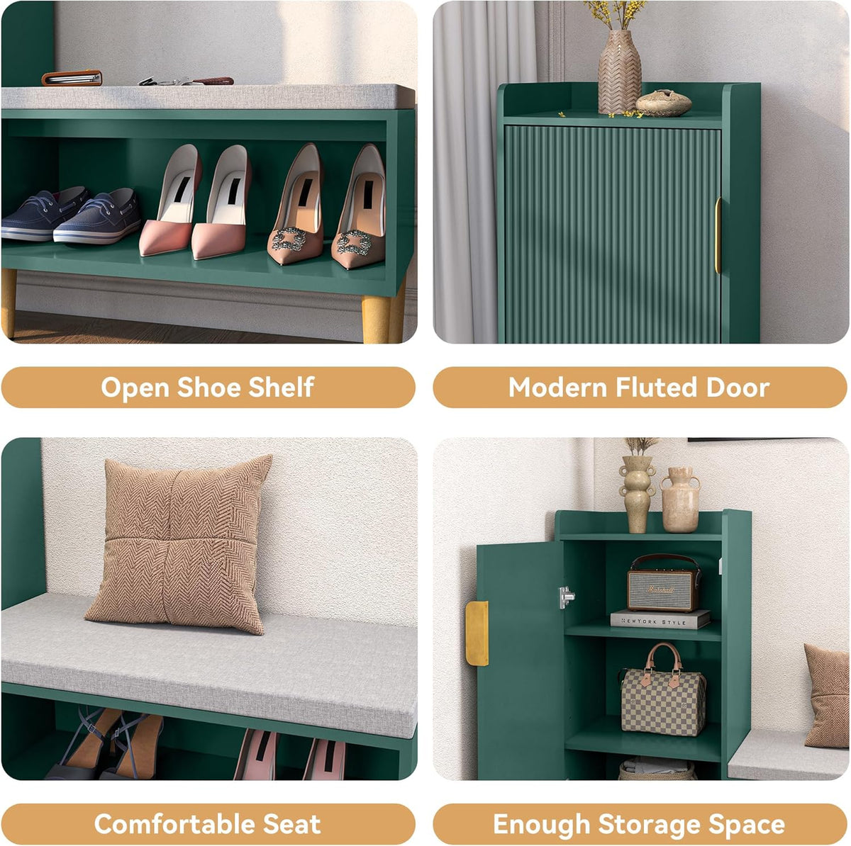 Storage Bench with Fluted Door&Shelf, Modern Entryway Bench with Padded Seat, L-Shaped Shoe Organizer Cabinet for Hallway, Living Room, Office, Green