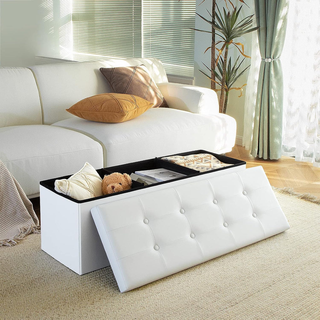 Camabel 43 Inch Folding Storage Ottoman Bench 120L Hold up 700lbs Ottoman with Storage Chest Foam Seat Padded Foot Rest Stool Faux Leather Bedroom Bench Coffee Table White
