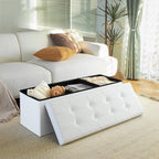 Camabel 43 Inch Folding Storage Ottoman Bench 120L Hold up 700lbs Ottoman with Storage Chest Foam Seat Padded Foot Rest Stool Faux Leather Bedroom Bench Coffee Table White