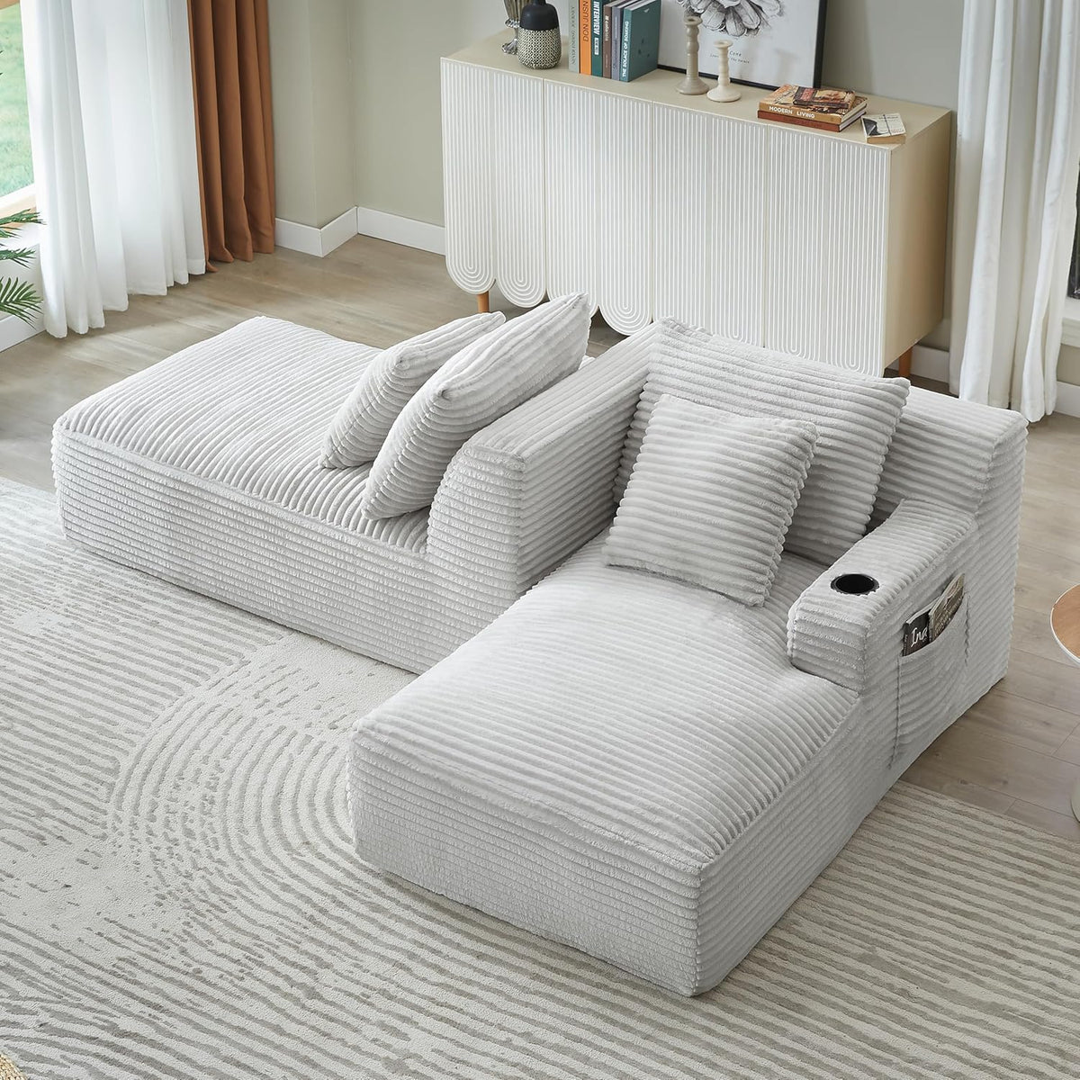 Eafurn Oversized Double Chaise Lounge Indoor with Cup Holders & Side Pocket, 71" Plush Corduroy Floor Chaise Lounge Sofa with High Density Sponge & Deep High Seat Comfy Sleeper Couch Bed