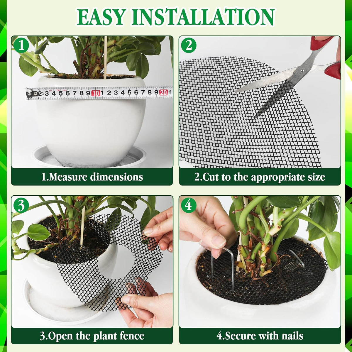 6pc 15.7" Plant Pot Covers Custom Cut Plant Pot Grids to Protect Soil from Animals for Indoor & Outdoor Potted Plants by Preventing Soil Damage Includes 18 Securing Stakes