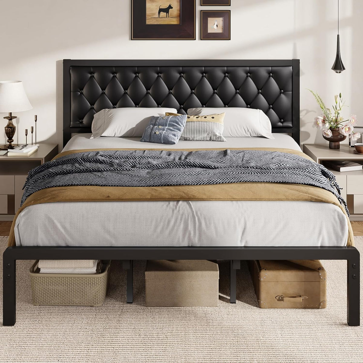 Fluest King Bed Frame with Headboard PU Leather Upholstered Bed Frame Platform,All Metal Slats Support Platform Bed Frame with Storage Space,Easy Assembly,Noise Free,No Box Spring Needed,Black