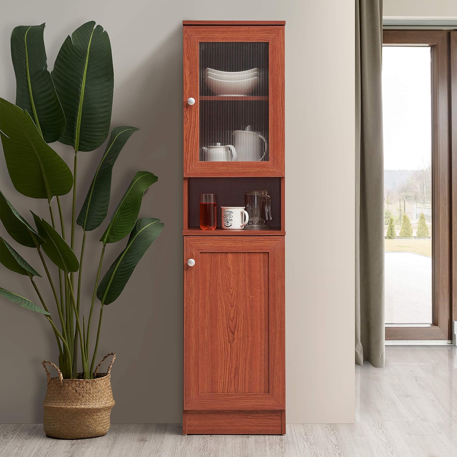 Hodedah 63"" Tall Slim Open Shelf Plus Top and Bottom Enclosed Storage Kitchen Pantry, Cherry (HIK93 Cherry)