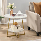 D&H FURNIMMT 20" Living Room Side Table Set of 2 for Small Spaces, 2 Tier Wood Top Round End Tables with Storage Shelf, Accent Sofa Table for Bedroom, Office, Sunroom, Balcony, White Faux Marble/Gold