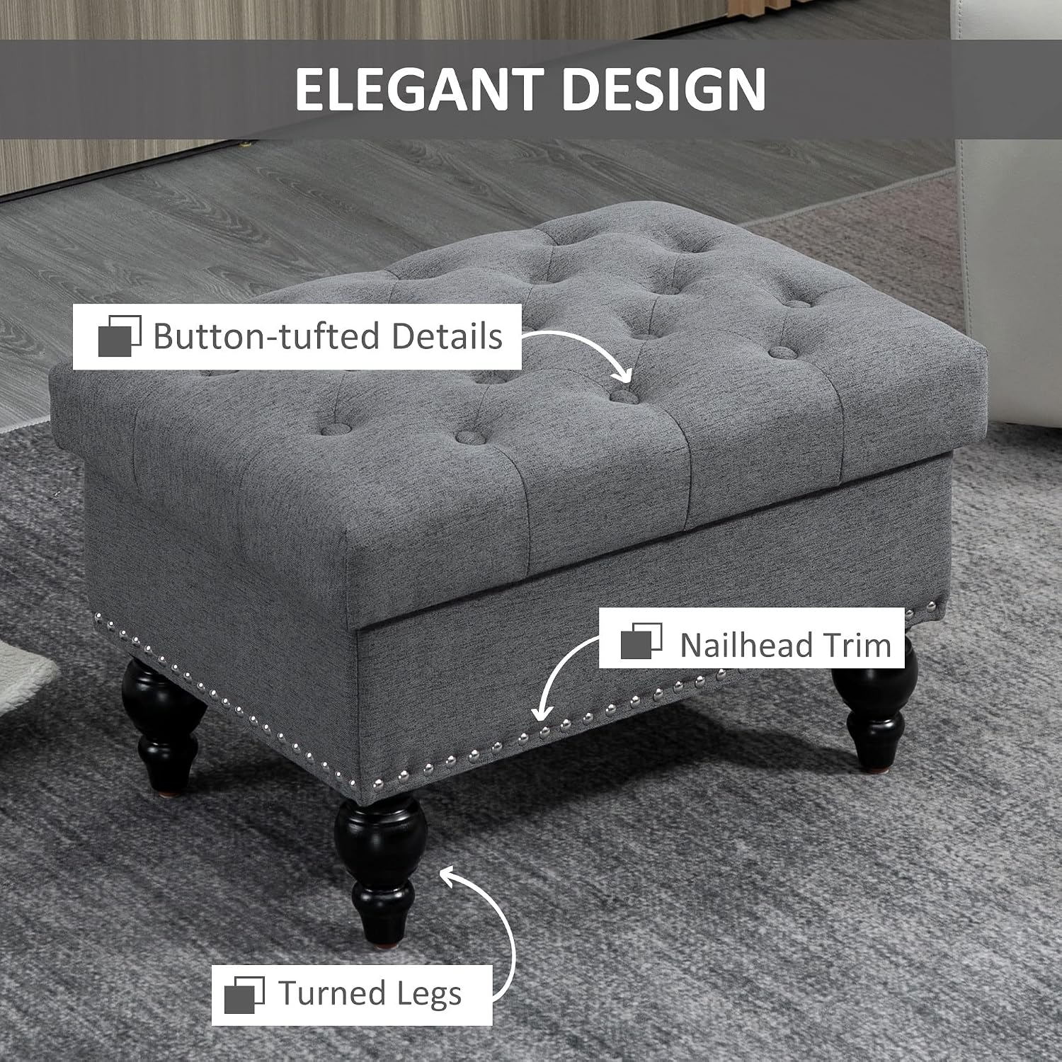 Versatile Upholstered Storage Ottoman with Tufted Lid and Nailhead Trim for Living Room, Bedroom or Entryway