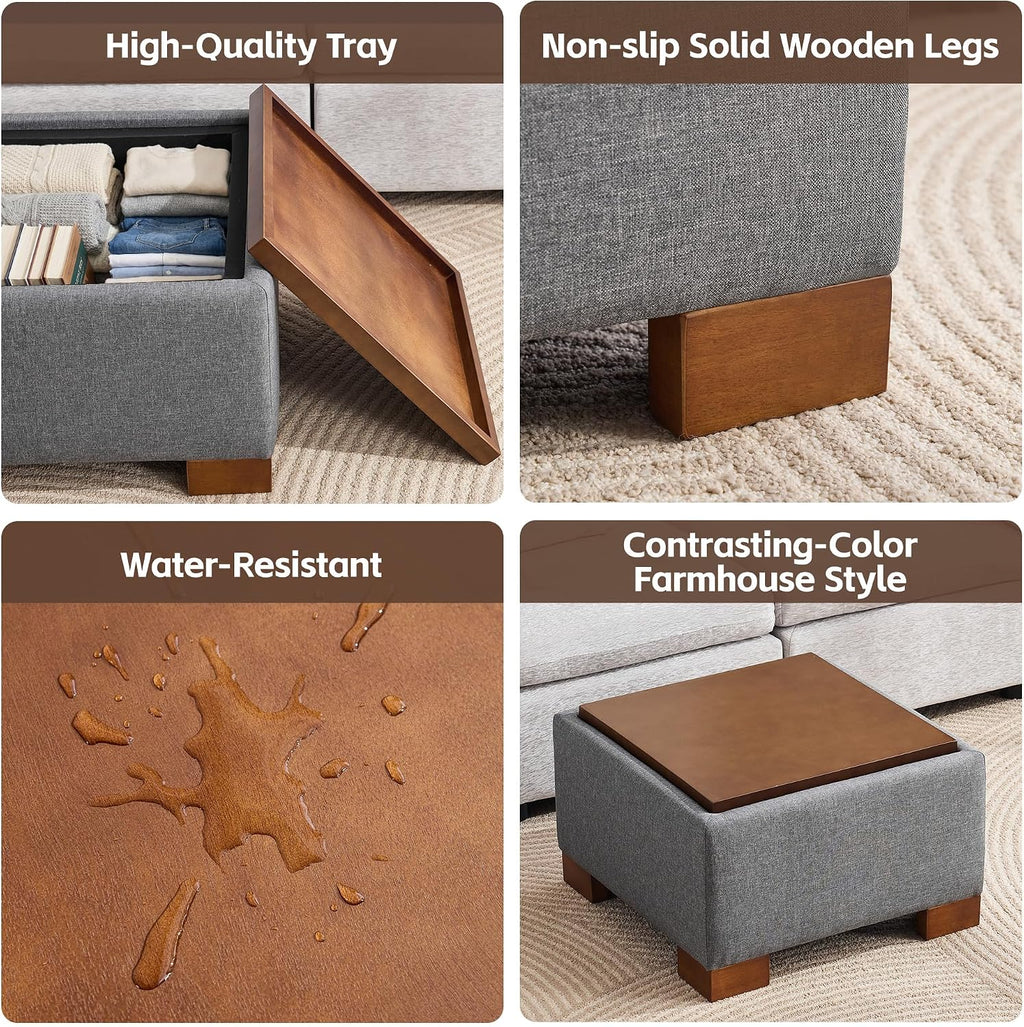 WUTUTUEE 24" Square Ottoman Coffee Table with Storage, Fabric Ottomans with Tray and Solid Wood Legs for Living Room, Bedroom and Apartments, Small Modern Ottoman Tea Table with Lift-Off Lid, Grey