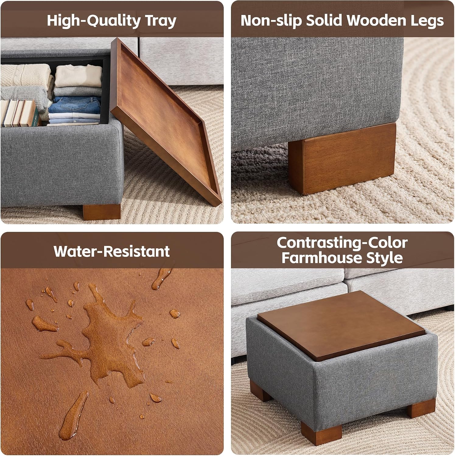 WUTUTUEE 24" Square Ottoman Coffee Table with Storage, Fabric Ottomans with Tray and Solid Wood Legs for Living Room, Bedroom and Apartments, Small Modern Ottoman Tea Table with Lift-Off Lid, Grey
