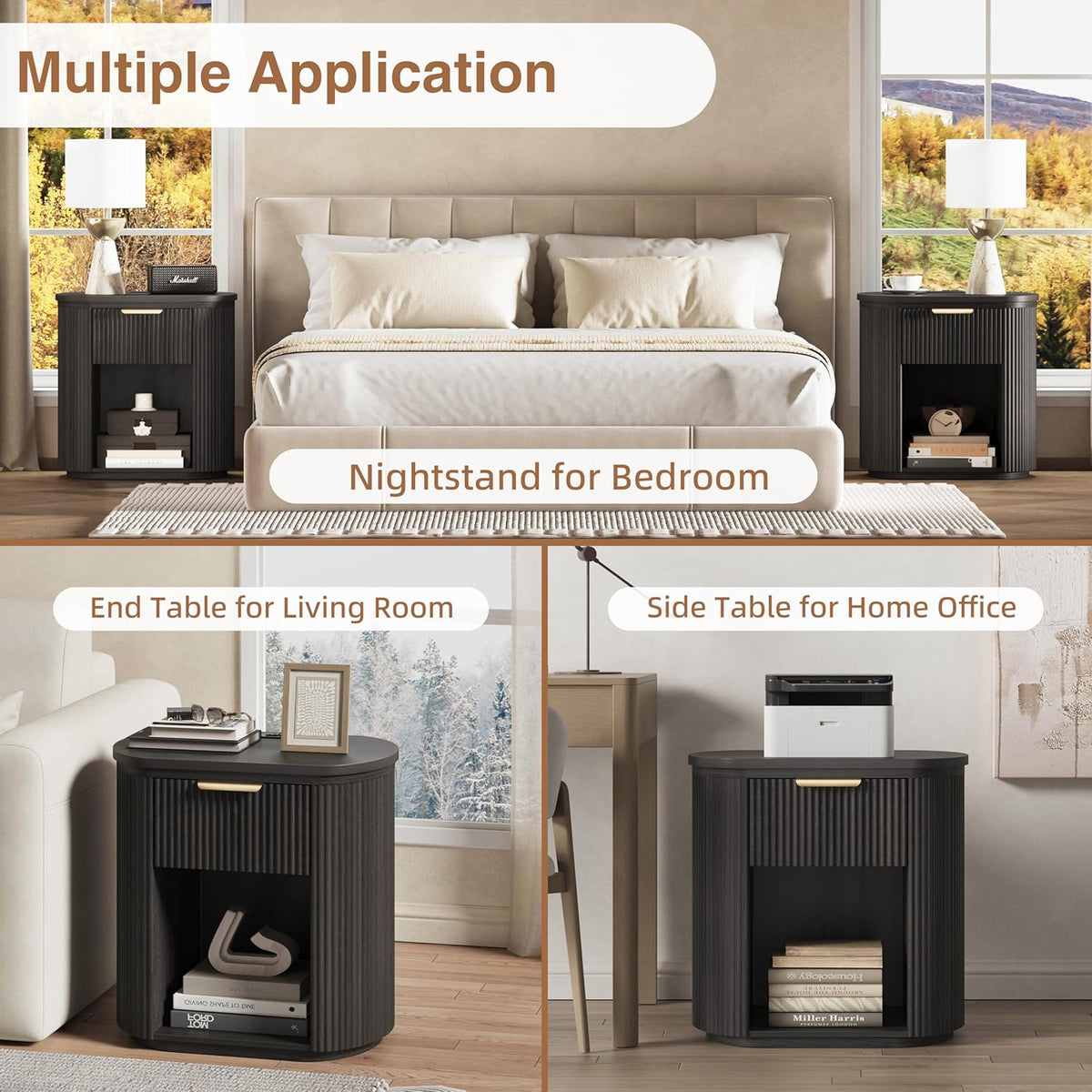 MECHYIN Fluted Nightstand with Charging Station Large 23.6" Round Bedside Table,Black