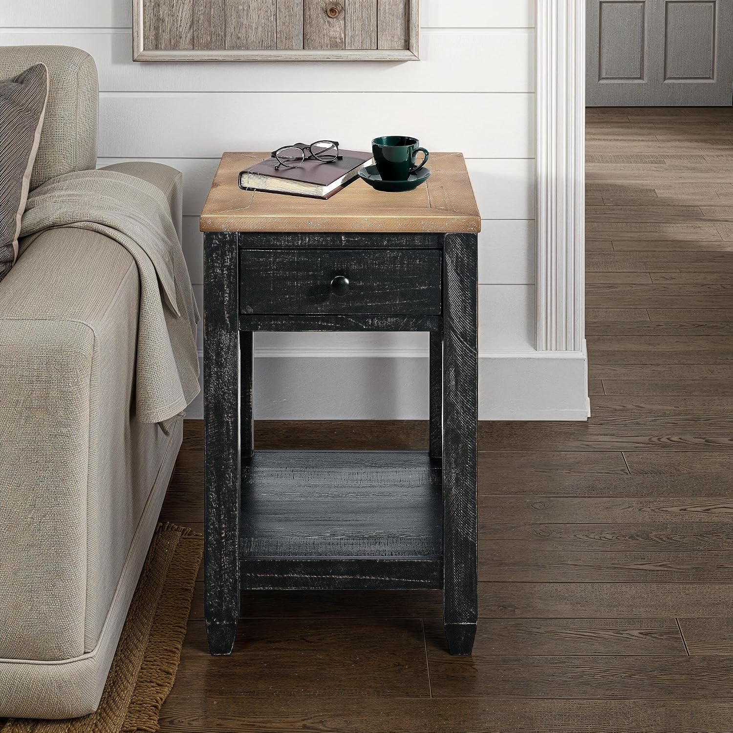 Martin Svensson Home Napa Farmhouse Chairside End Table with Charging Station, Solid Wood Narrow Side Table with Drawer & Shelf, Rustic Accent Table for Living Room or Bedroom. Black and Driftwood.