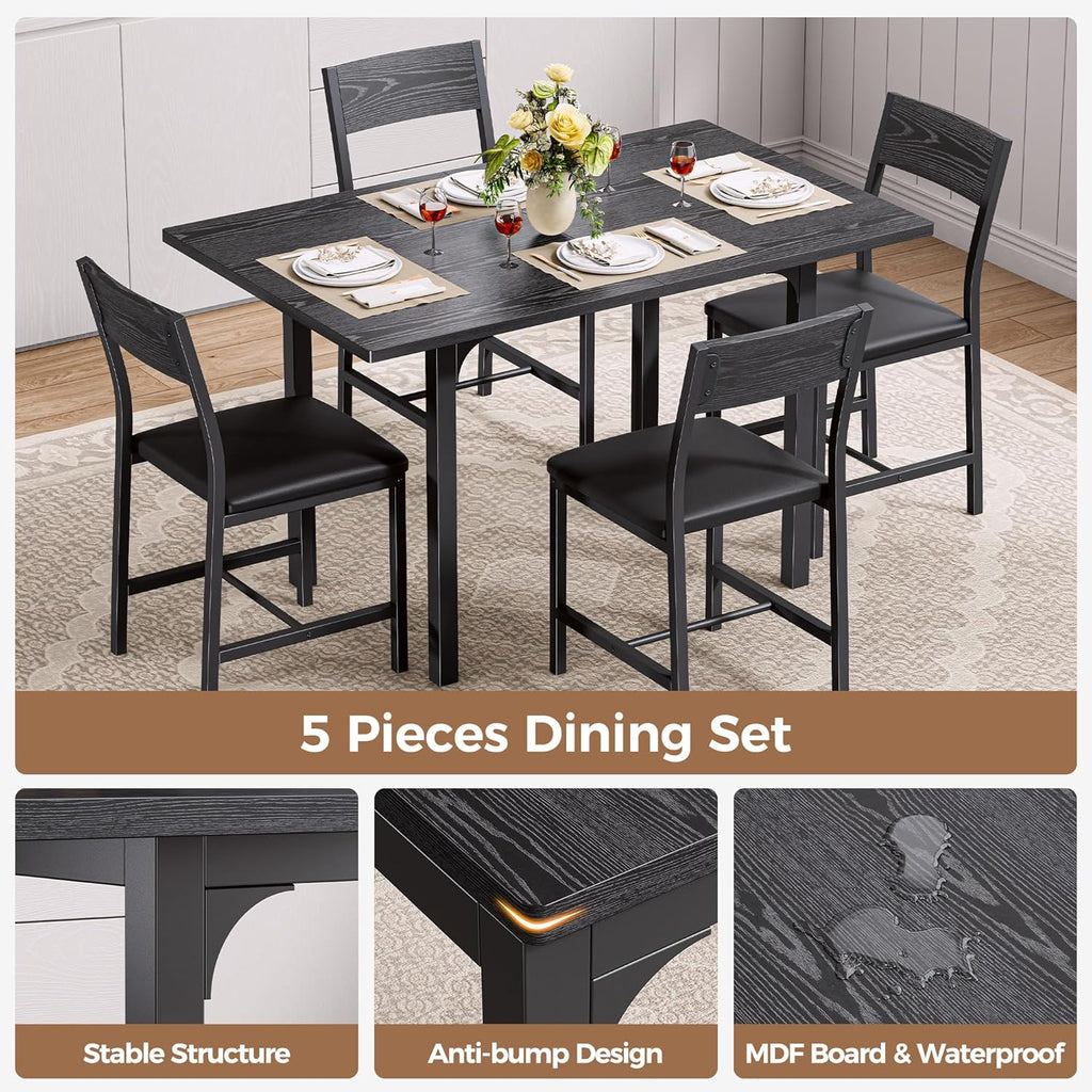 IRONCK Dining Table Set for 4, Extendable Kitchen Table Chairs Set of 4 | Dining Room Table with 4 Upholstered Chairs, Folding for Small Space, Apartment, Black