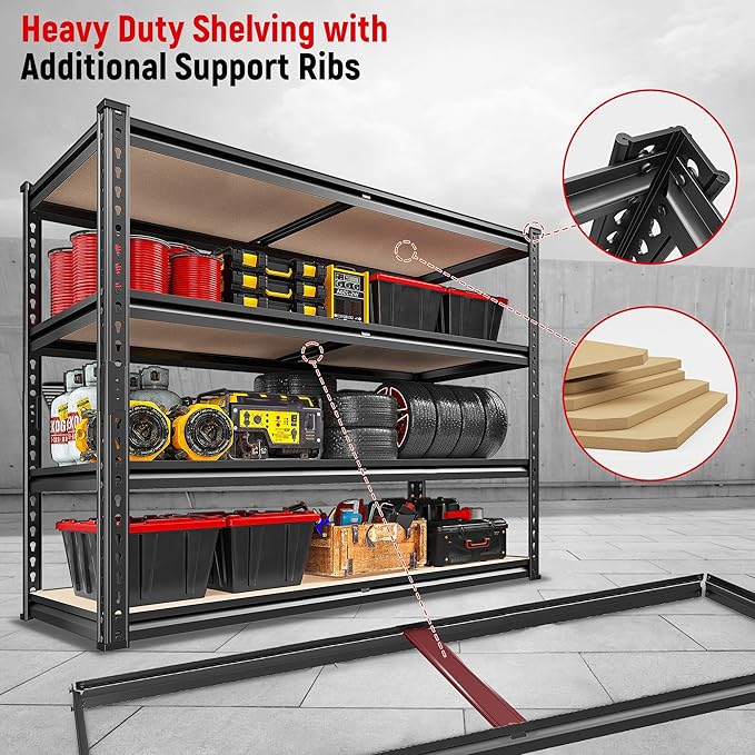 REIBII 40" W Garage Shelving 2000LBS Storage Shelves Adjustable Metal Shelving Heavy Duty 4 Tier Garage Shelves 60" H Metal Shelves for Closet Pantry Kitchen Warehouse 40" W × 20''D × 60''H