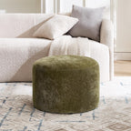 Upholstered Round Green Pouf Ottoman, Modern Footstool | Chenille Footrest with Soft Padded Seat & Wood Frame, Sage Green Ottoman, Accent Vanity Stool for Living Room and Bedroom