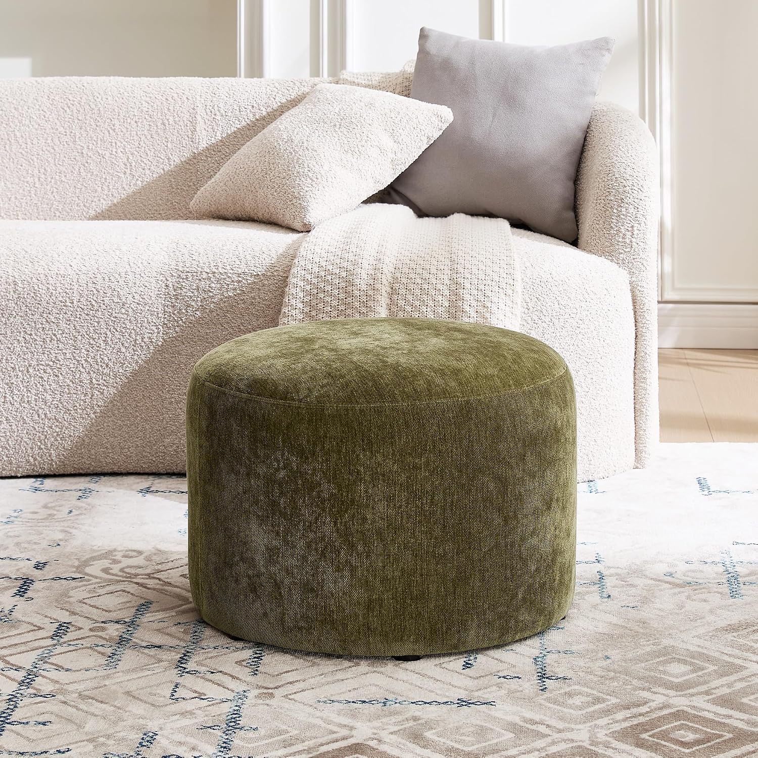 Upholstered Round Green Pouf Ottoman, Modern Footstool | Chenille Footrest with Soft Padded Seat & Wood Frame, Sage Green Ottoman, Accent Vanity Stool for Living Room and Bedroom