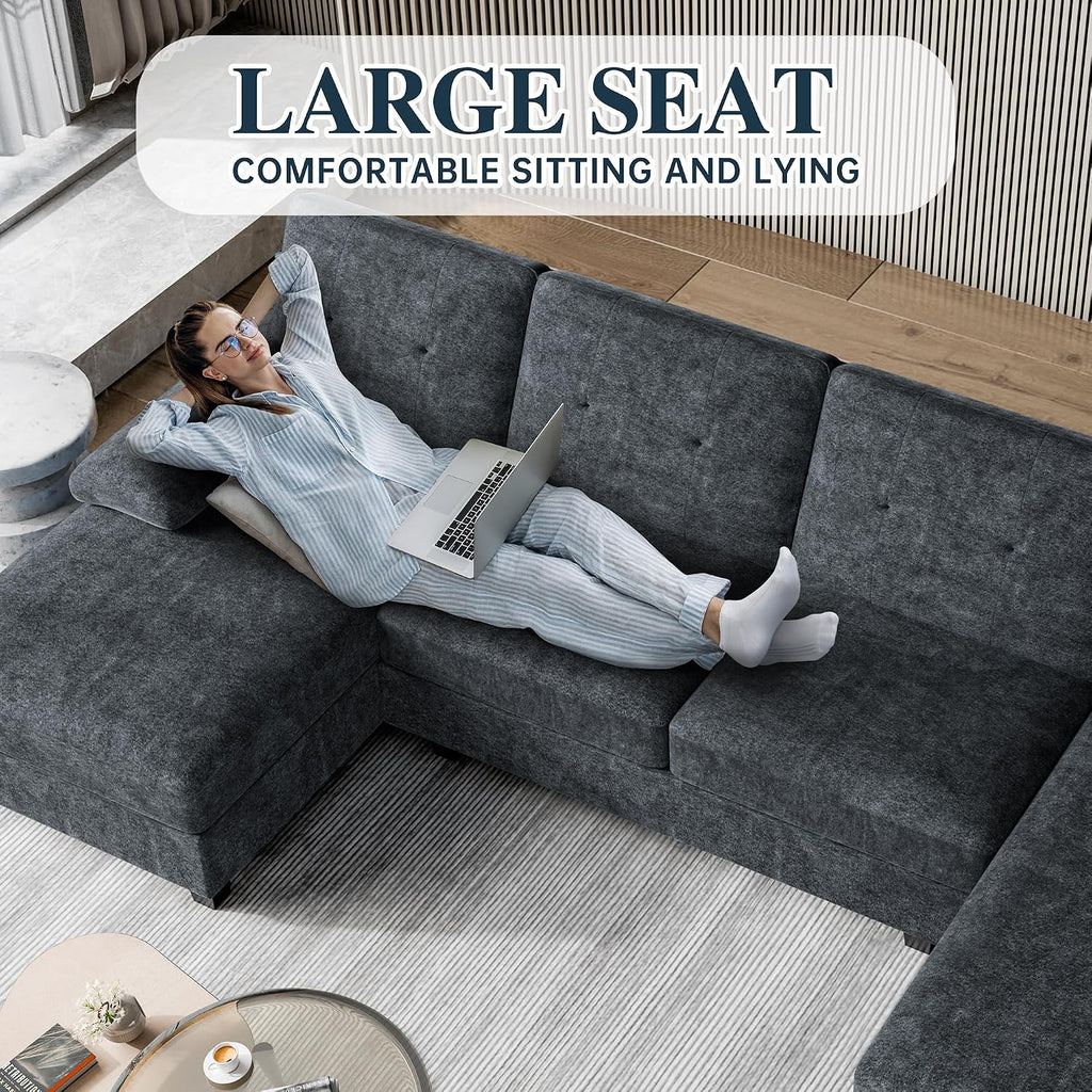 Sectional Couches for Living Room, U Shaped Couch 4 Seat Sectional Sofa with Chaise and Armrests, Comfortable Fabric Sofa for Apartment (Grey)