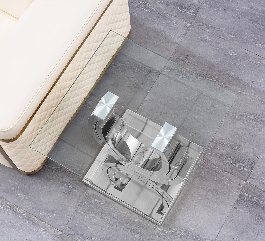 Luxury Silver Glass End Table Modern Square Sofa Side Table with Mirrored Stainless Steel Base and Clear Glass Top for Living Room Home Office Bedroom Table (Silver)