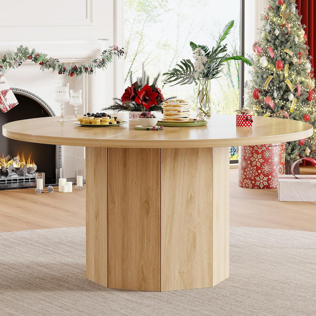 HSH 47” Round Dining Table for 4, Modern Farmhouse Wood Dinner Table with Octagon Pedestal Base, Circular Kitchen Dining Room Table for Home Apartment Living Room, Light Oak