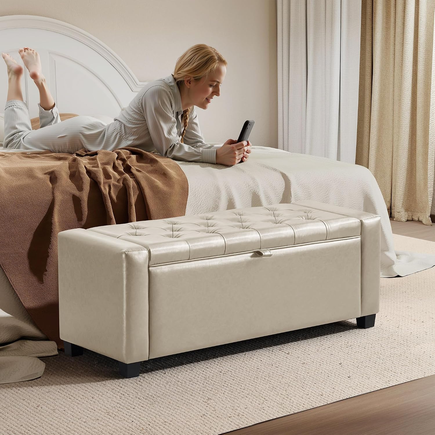 GRAINELL 42.13” Storage Ottoman Bench, Upholstered Tufted Bedroom Bench with Storage, End of Bed Storage Bench for Living Room & Entryway, 350 lb Capacity, Leather Beige